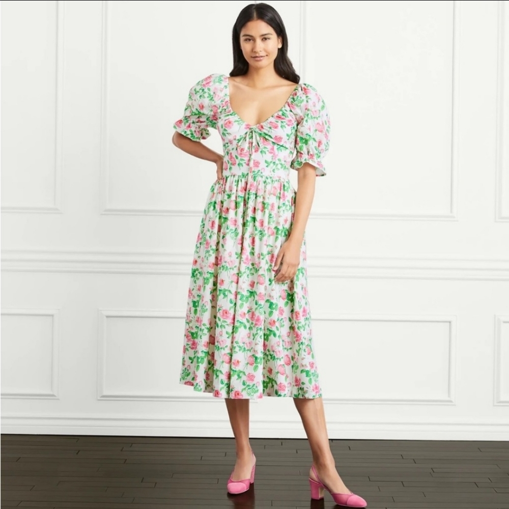Hill House Floral Midi Dress in Pink and Green on White